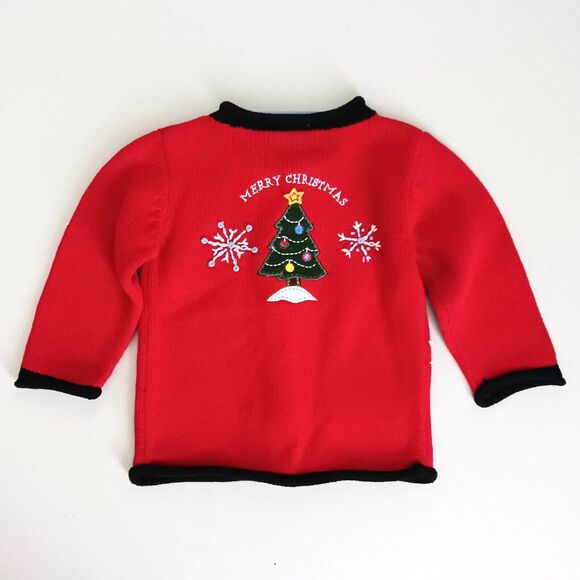NWT Koala Kids Christmas Cardigan 12M Red Cotton Snowman XMas Tree Deer Applique - Picture 3 of 7